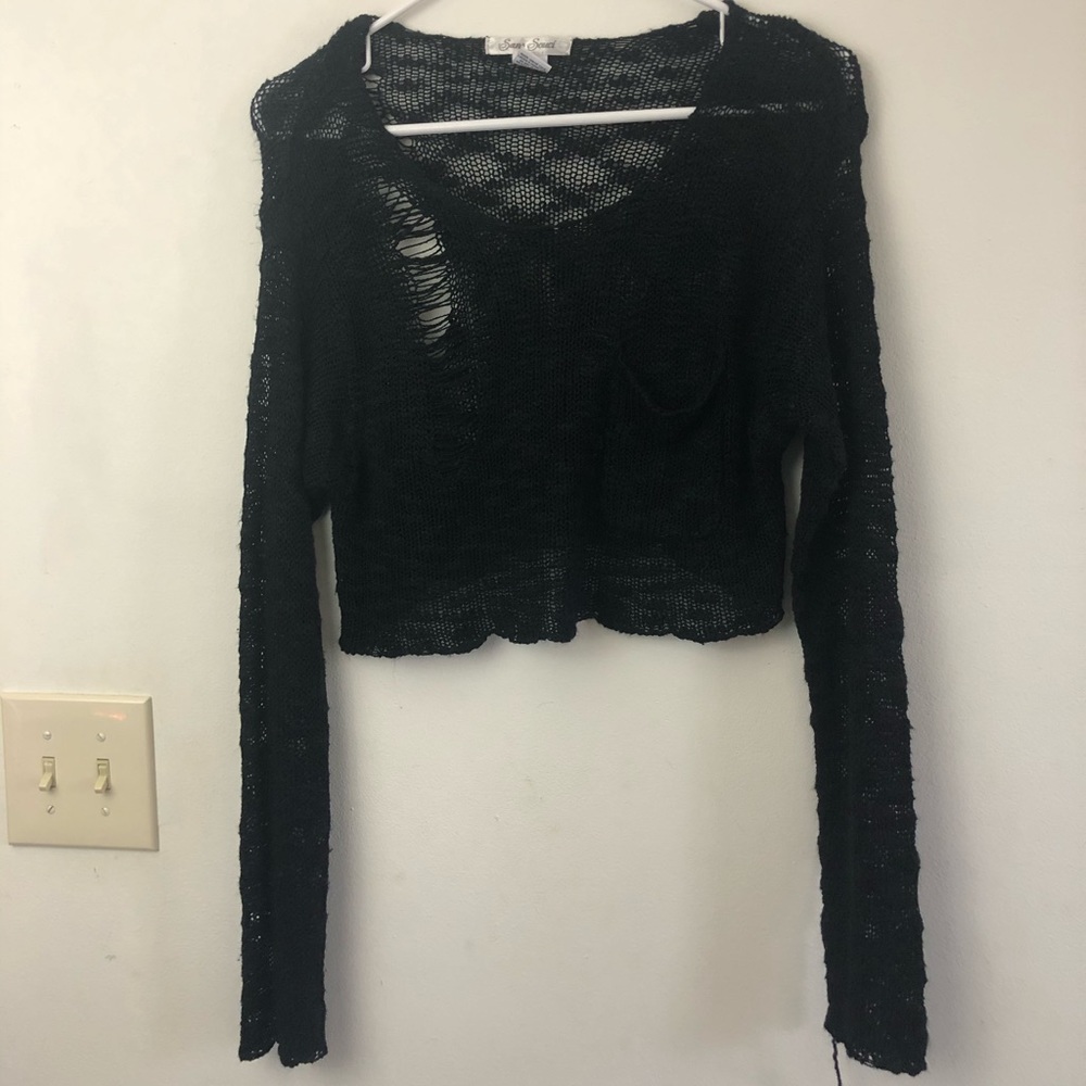 Black Distressed Cropped Sweater